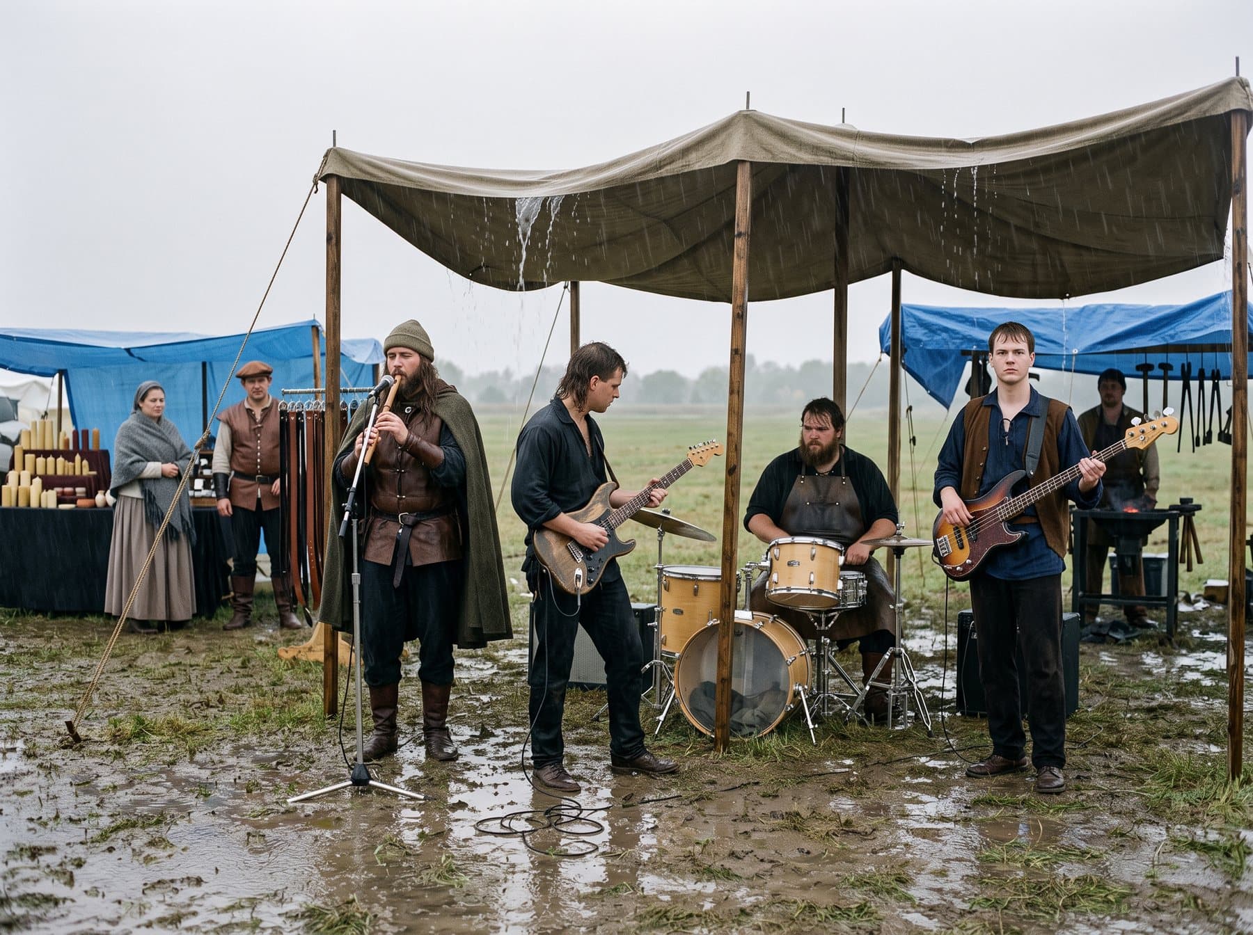 A band playing in heavy rain at an empty renaissance faire while vendors watch from under tarps