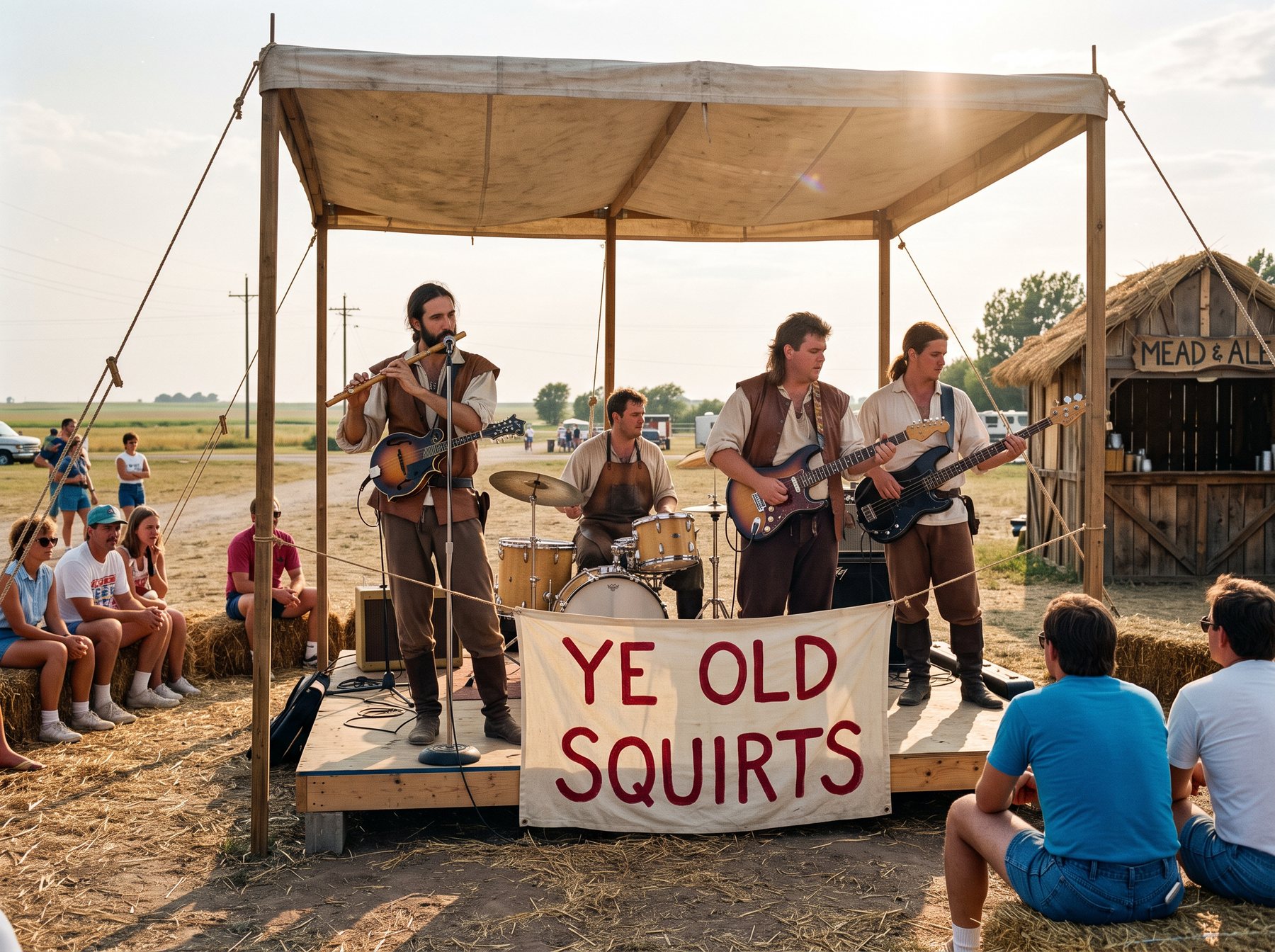 Four costumed musicians on a low stage under a canvas pavilion at a Nebraska renaissance faire